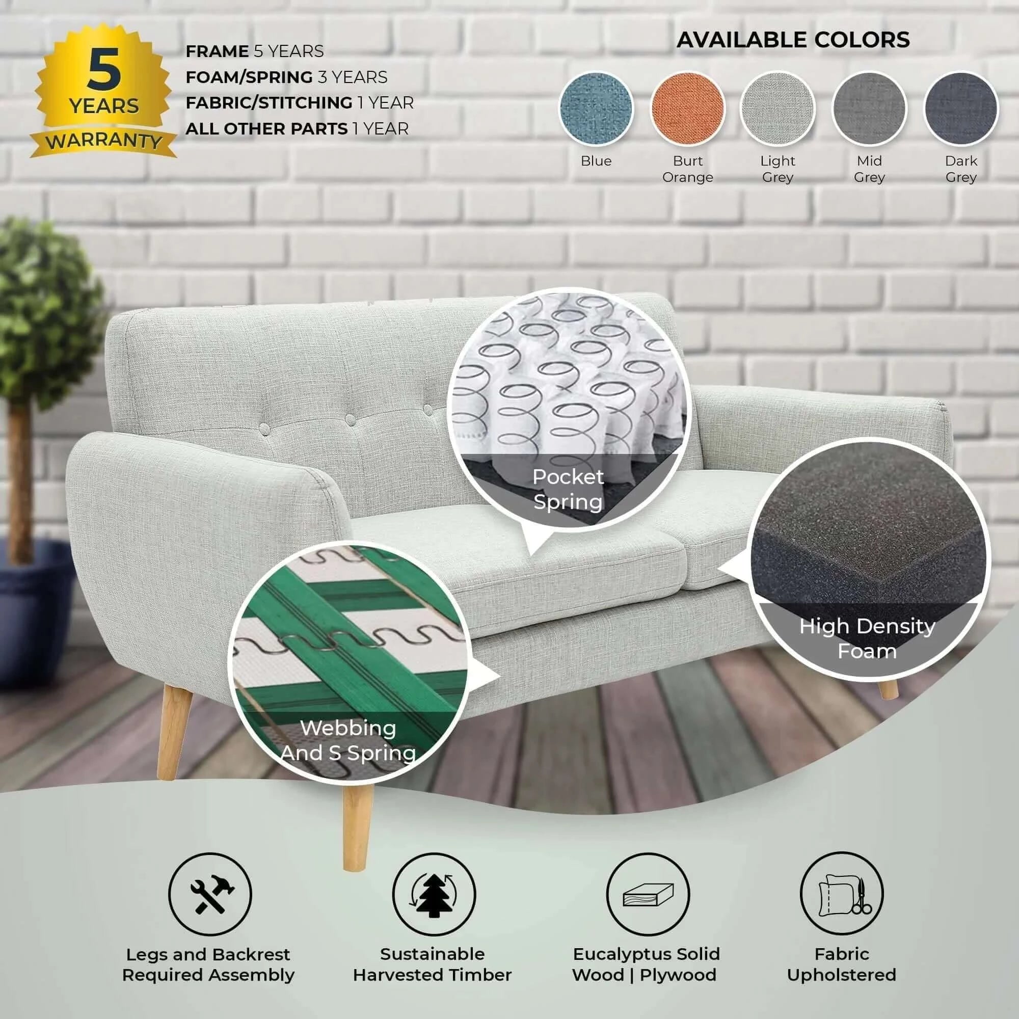 Buy dane 3 + 1 + 1 seater fabric upholstered sofa armchair lounge couch - light grey - upinteriors-Upinteriors