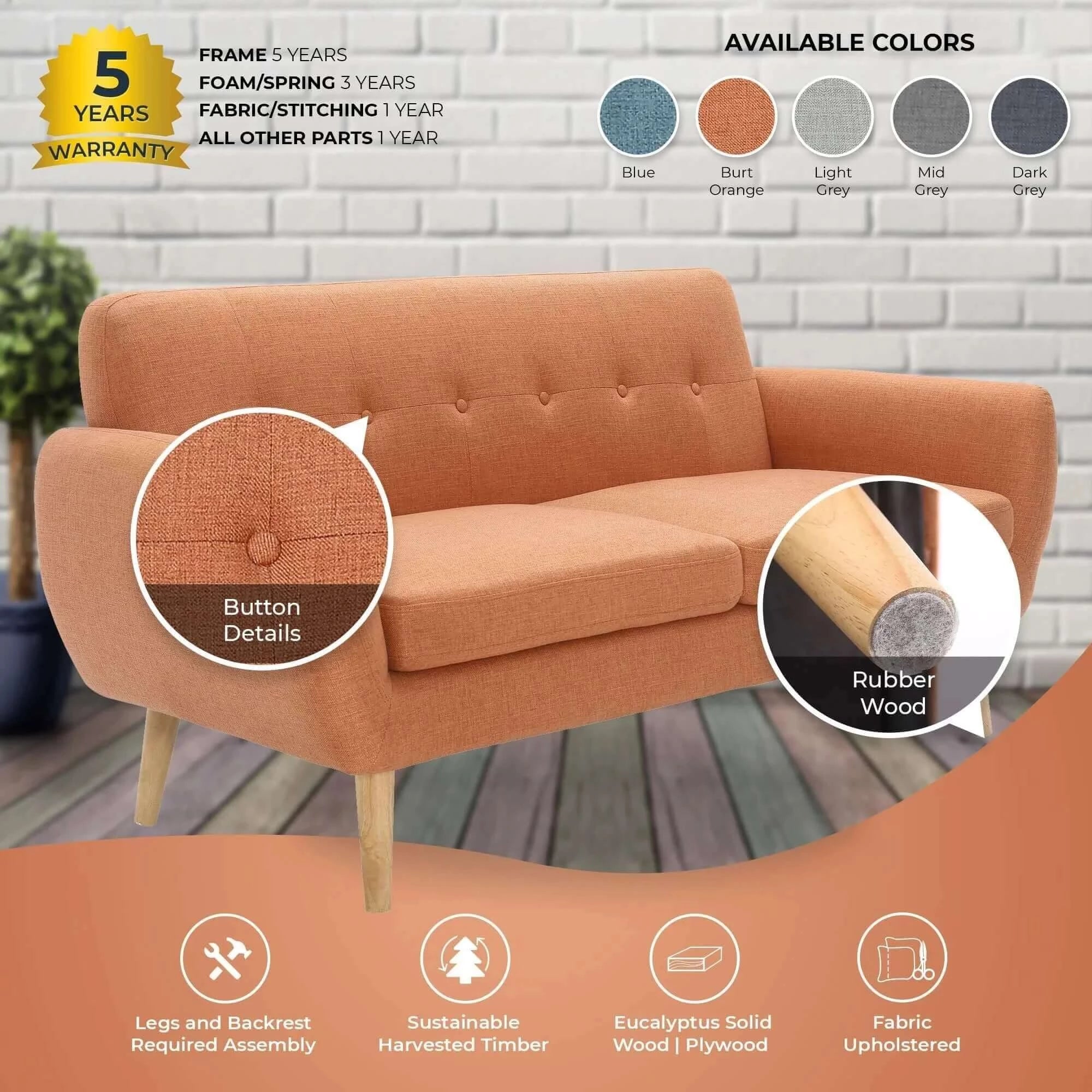 Buy dane 3 + 1 + 1 seater fabric upholstered sofa armchair lounge couch - orange - upinteriors-Upinteriors