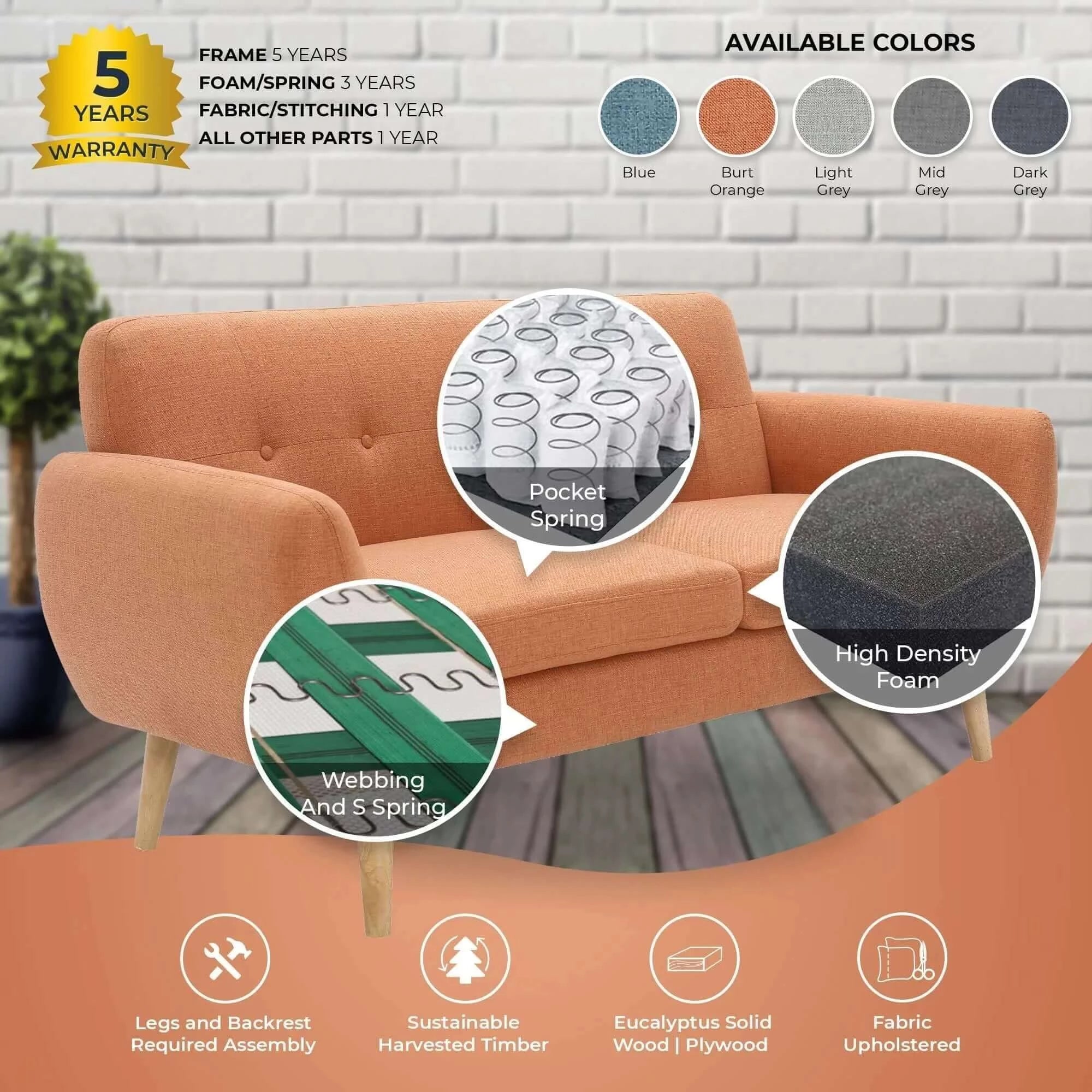 Buy dane 3 + 1 seater fabric upholstered sofa armchair lounge couch - orange - upinteriors-Upinteriors