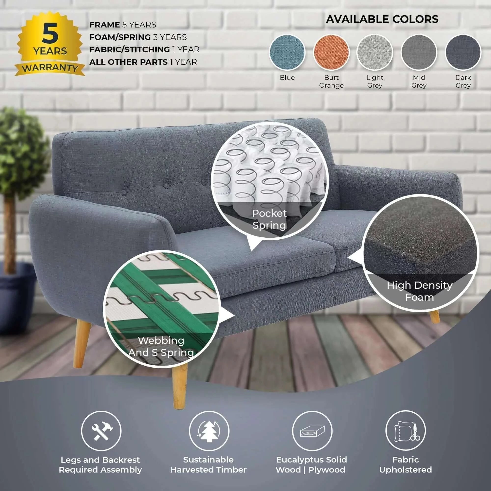Buy dane 3 seater fabric upholstered sofa lounge couch - dark grey - upinteriors-Upinteriors