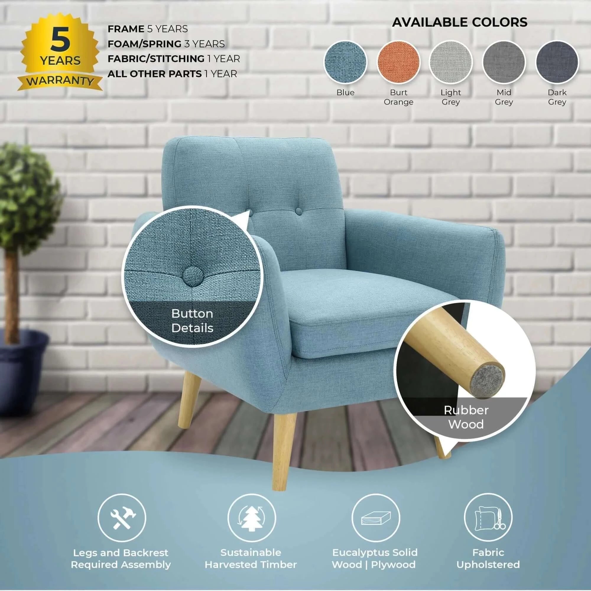 Buy Dane Single Seater Fabric Upholstered Sofa - Blue in Australia -Upinteriors