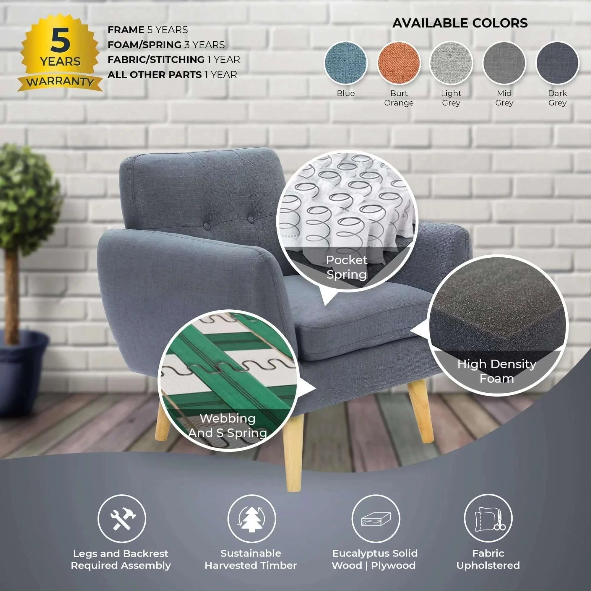Buy Dane Single Seater Fabric Upholstered Sofa - Dark Grey in Australia -Upinteriors