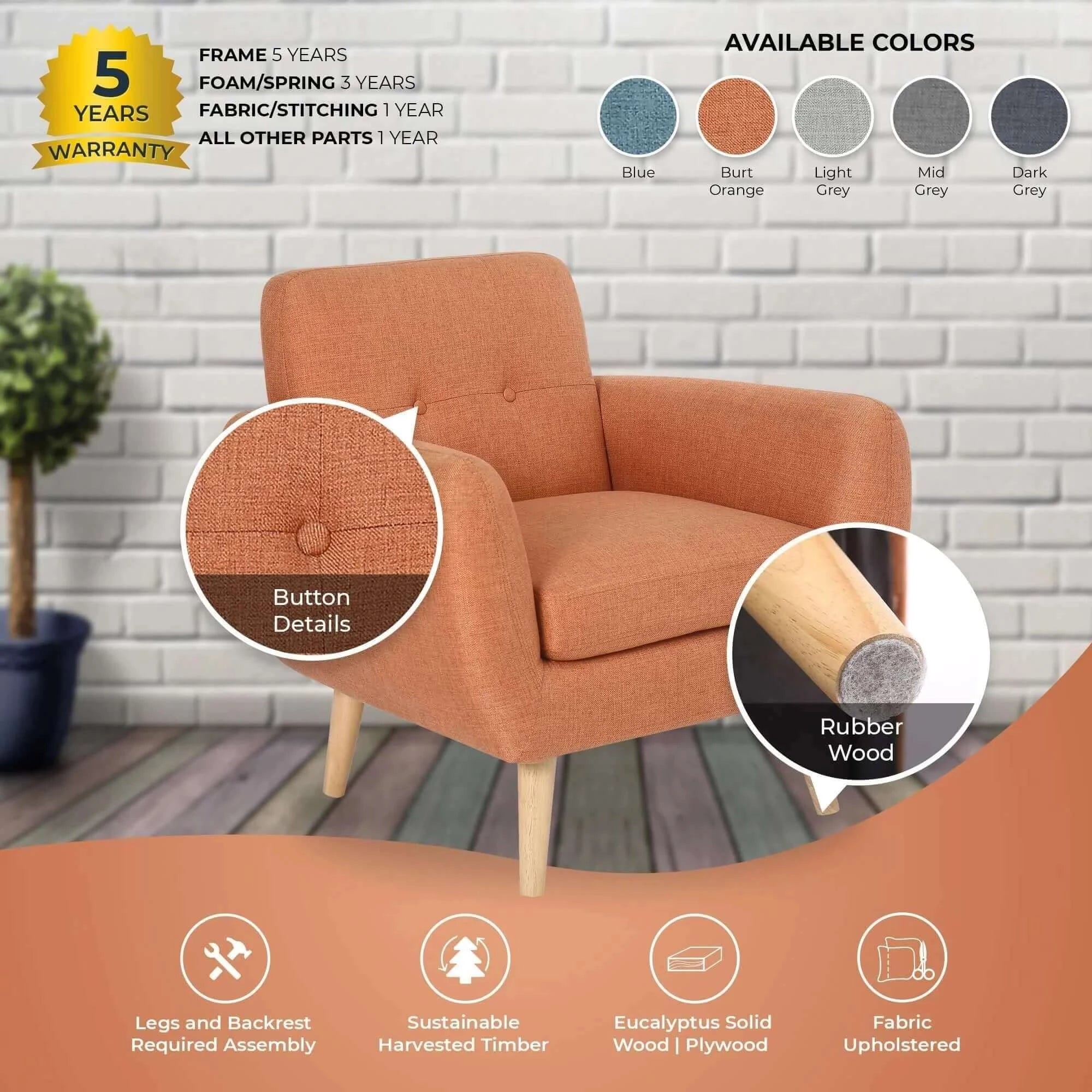 Buy Dane Single Seater Fabric Upholstered Sofa - Orange in Australia -Upinteriors