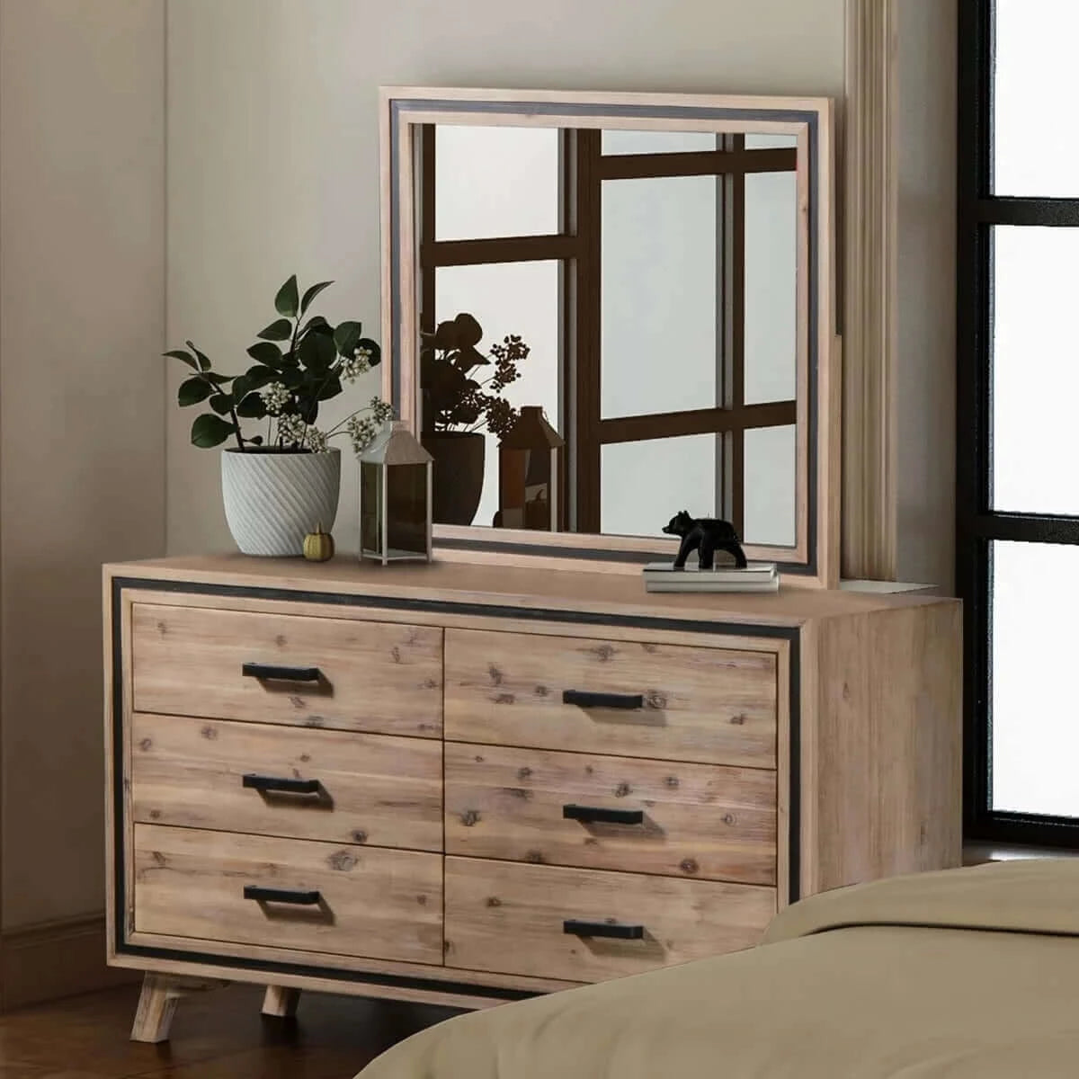 Buy dresser with 6 storage drawers in solid acacia with mirror in silver brush colour - upinteriors-Upinteriors