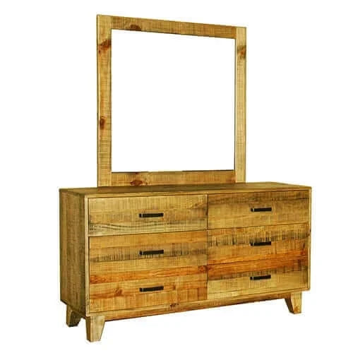 Buy dresser with 6 storage drawers in solid acacia with mirror in vintage light brown colour - upinteriors-Upinteriors