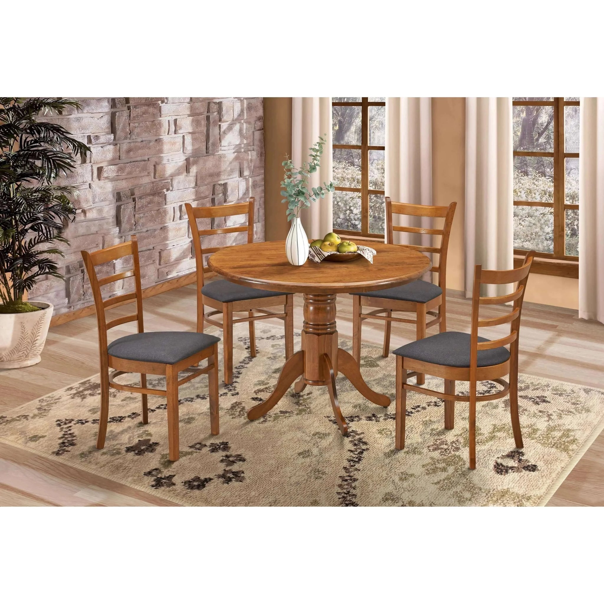 Buy linaria 5pc dining set 106cm round pedestral table 4 fabric seat chair - walnut - upinteriors-Upinteriors
