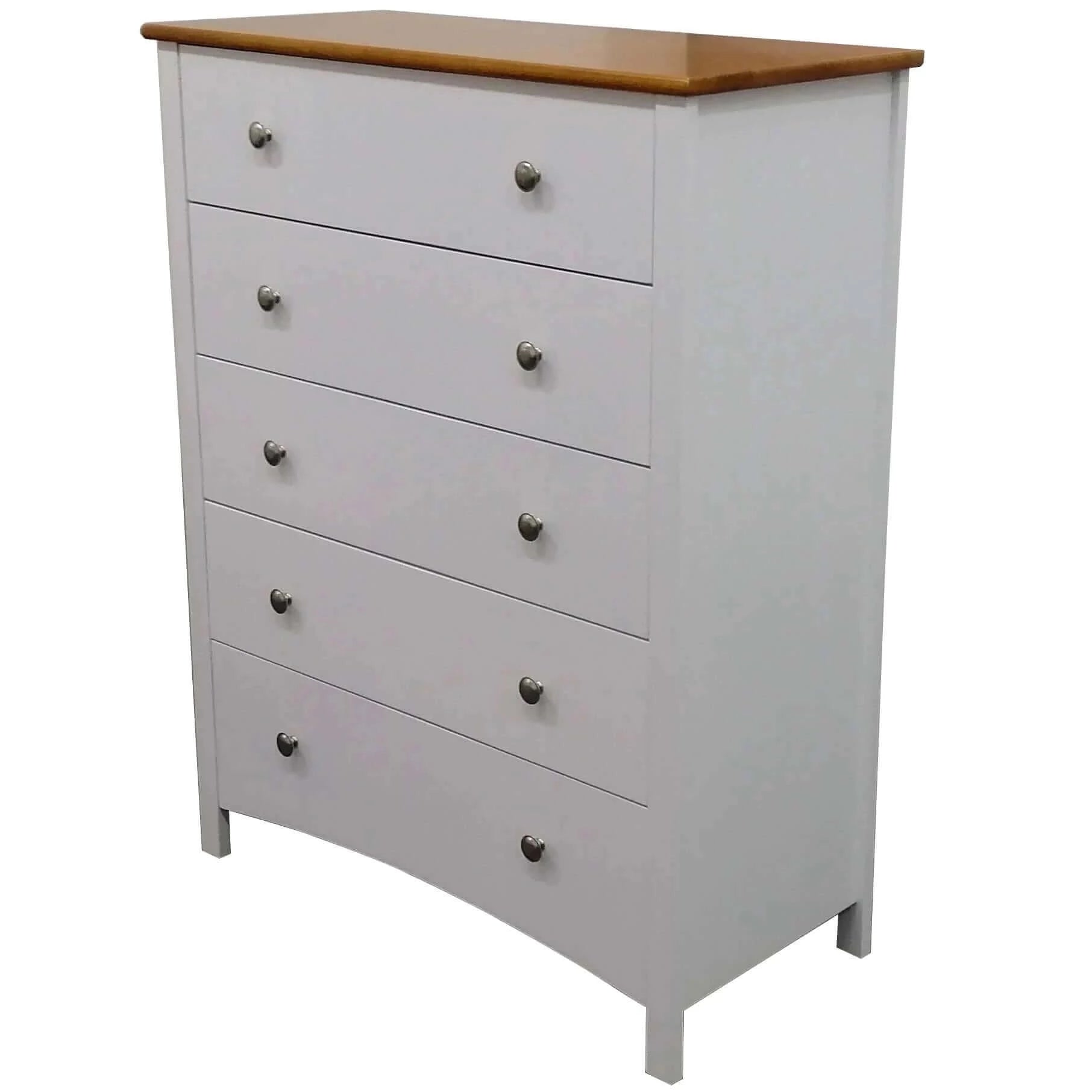 Lobelia Tallboy 5 Chest of Drawers Solid Rubber Wood Bed Storage Cabinet - White-Upinteriors