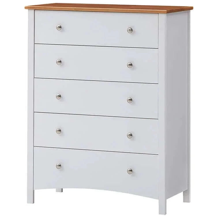 Lobelia Tallboy 5 Chest of Drawers Solid Rubber Wood Bed Storage Cabinet - White-Upinteriors