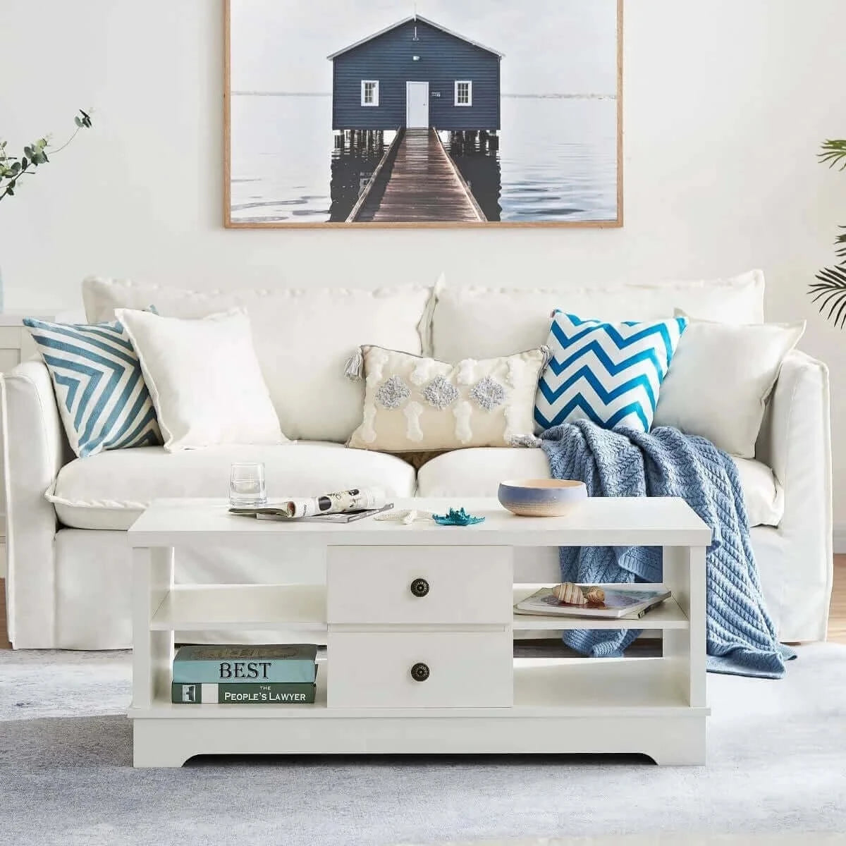 Margaux White Coastal Style Coffee Table with Drawers-Upinteriors