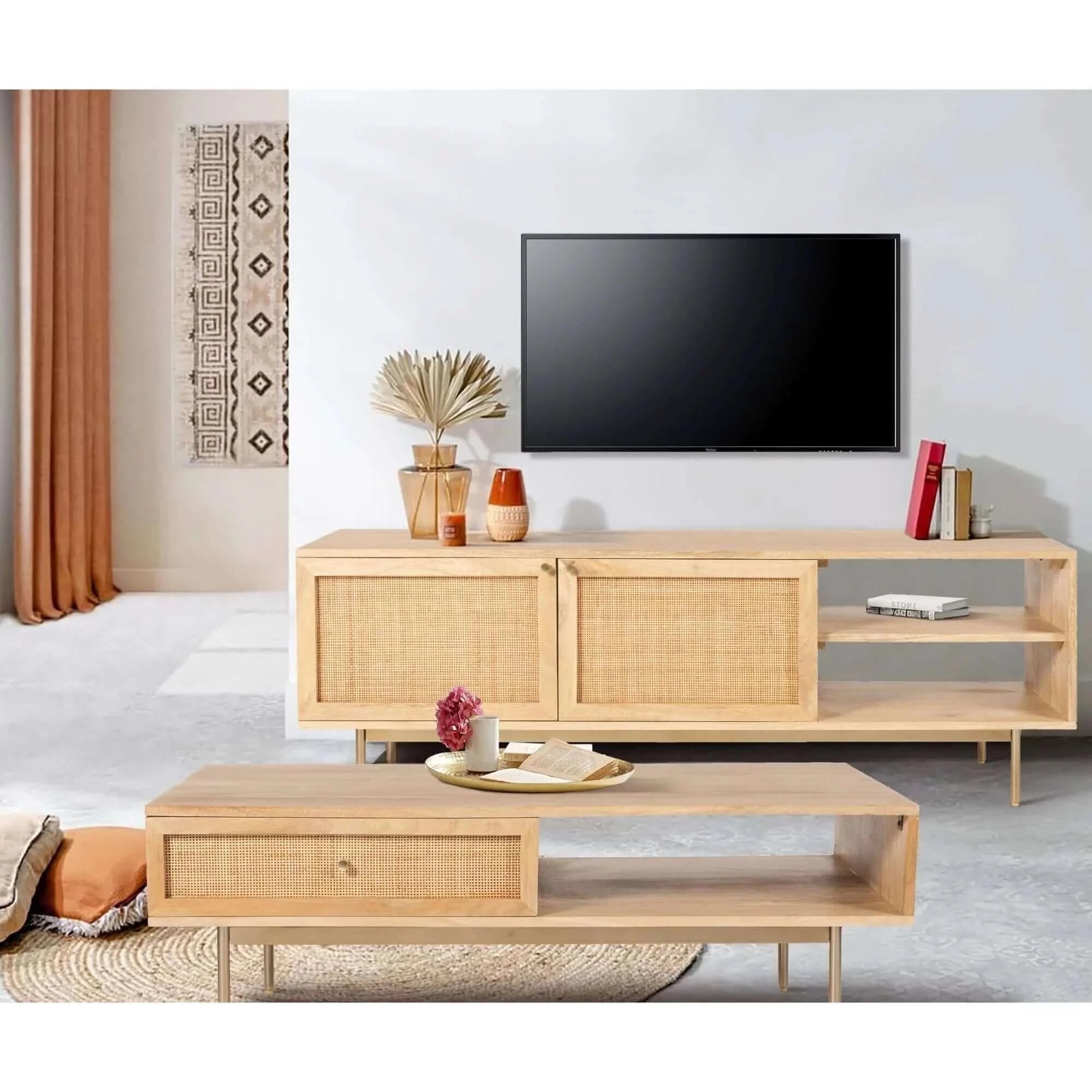Buy Martina ETU Entertainment TV Unit 147cm Solid Mango Wood Rattan Furniture -Upinteriors