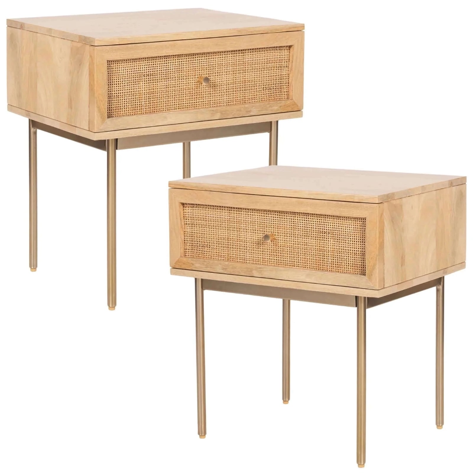 Martina Set of 2 Bedside Table 1 Drawer Storage Cabinet Solid Mango Wood Rattan-Upinteriors