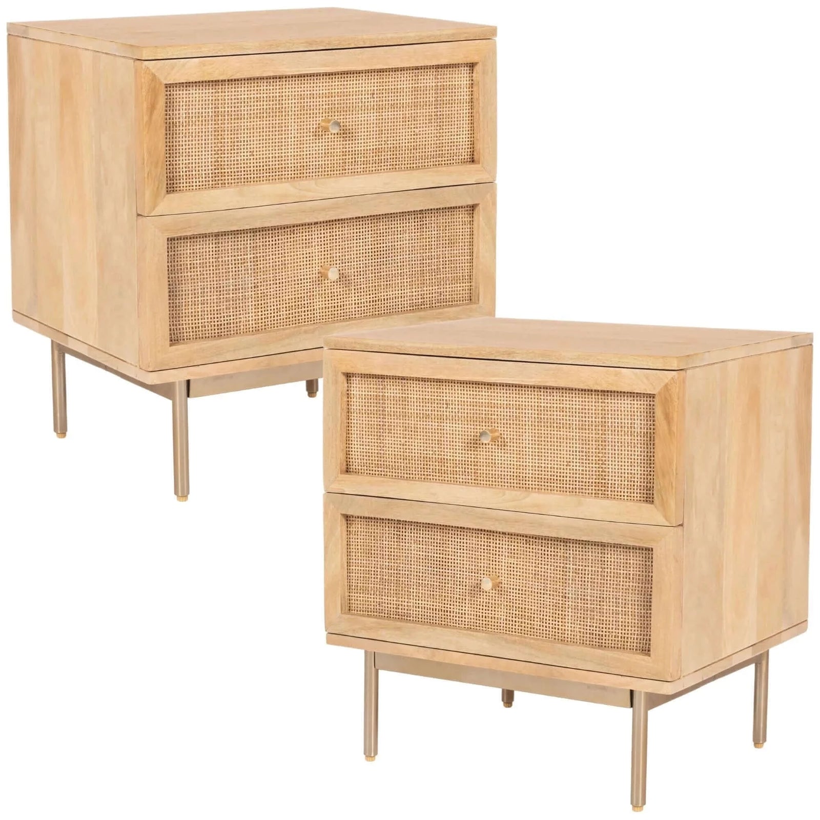 Martina Set of 2 Bedside Table 2 Drawer Storage Cabinet Solid Mango Wood Rattan-Upinteriors