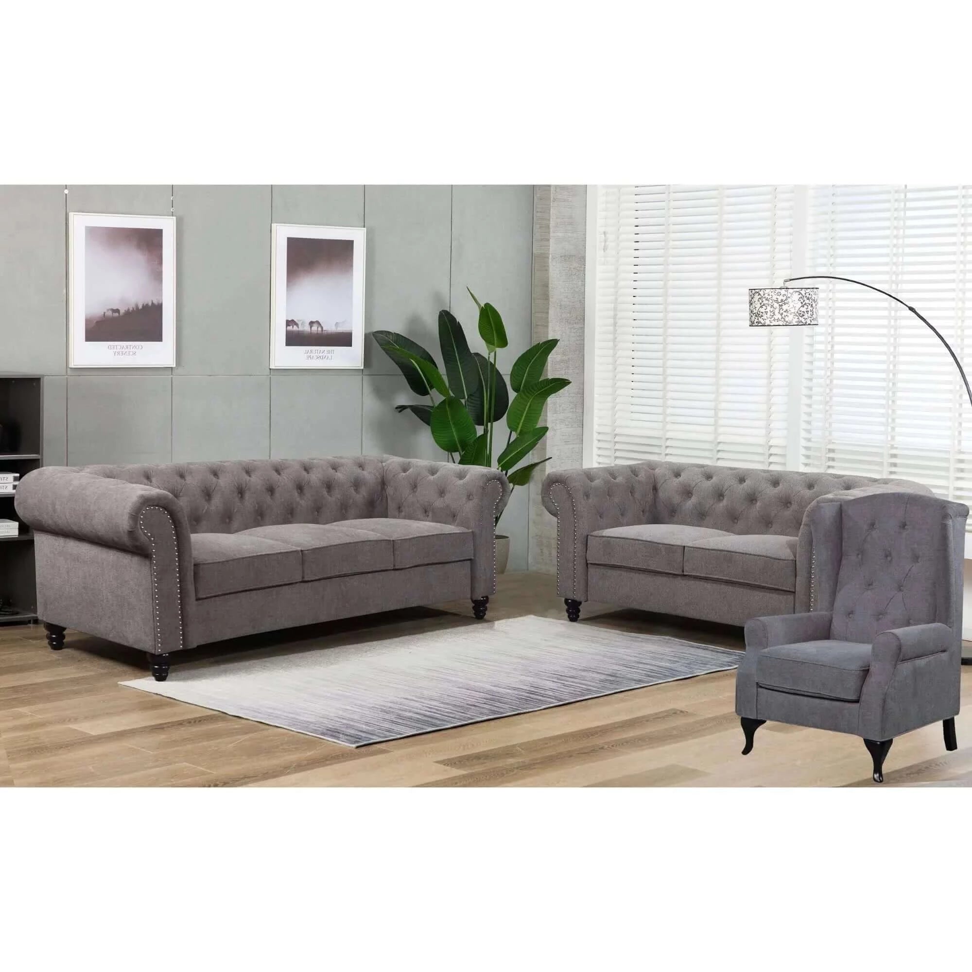 Buy mellowly 3 seater sofa fabric uplholstered chesterfield lounge couch - grey - upinteriors-Upinteriors
