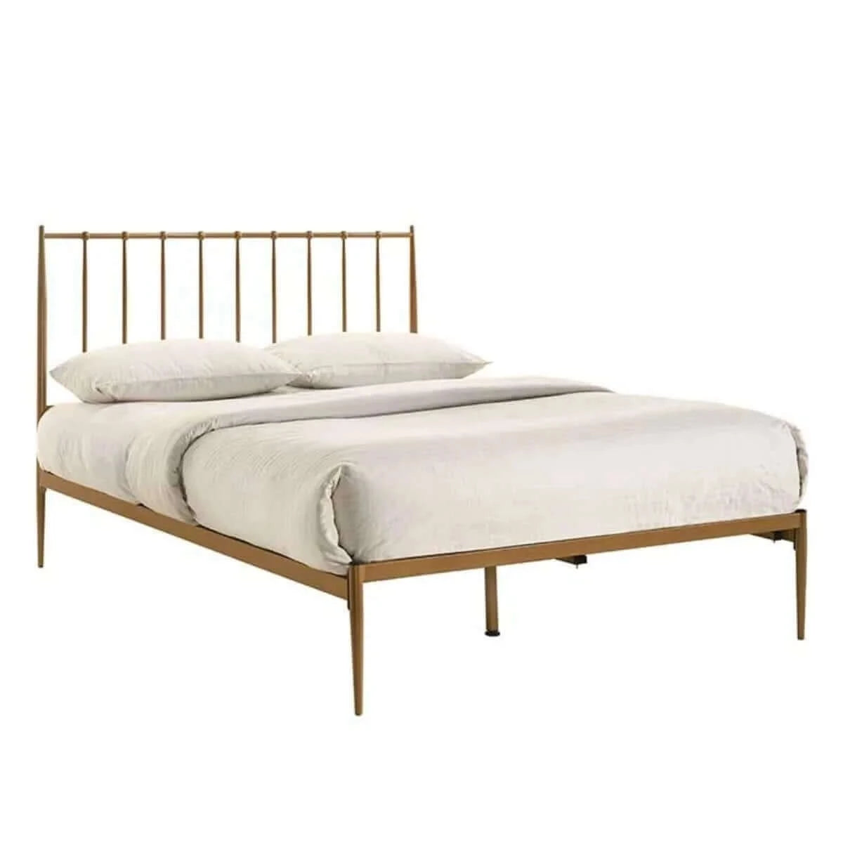 Buy metal bed frame base platform in gold double mid century timber slat - upinteriors-Upinteriors