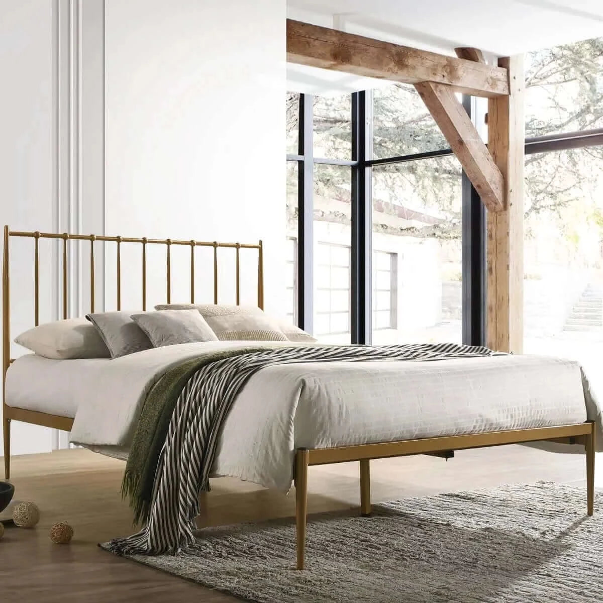 Buy metal bed frame base platform in gold queen mid century timber slat - upinteriors-Upinteriors