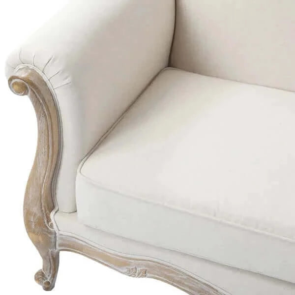 Oak Wood 2-Seater Sofa in White Washed Linen Fabric-Upinteriors