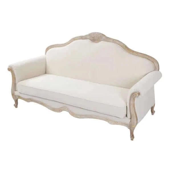 Buy oak wood white washed finish rolled armrest 3 seater sofa linen fabric - upinteriors-Upinteriors
