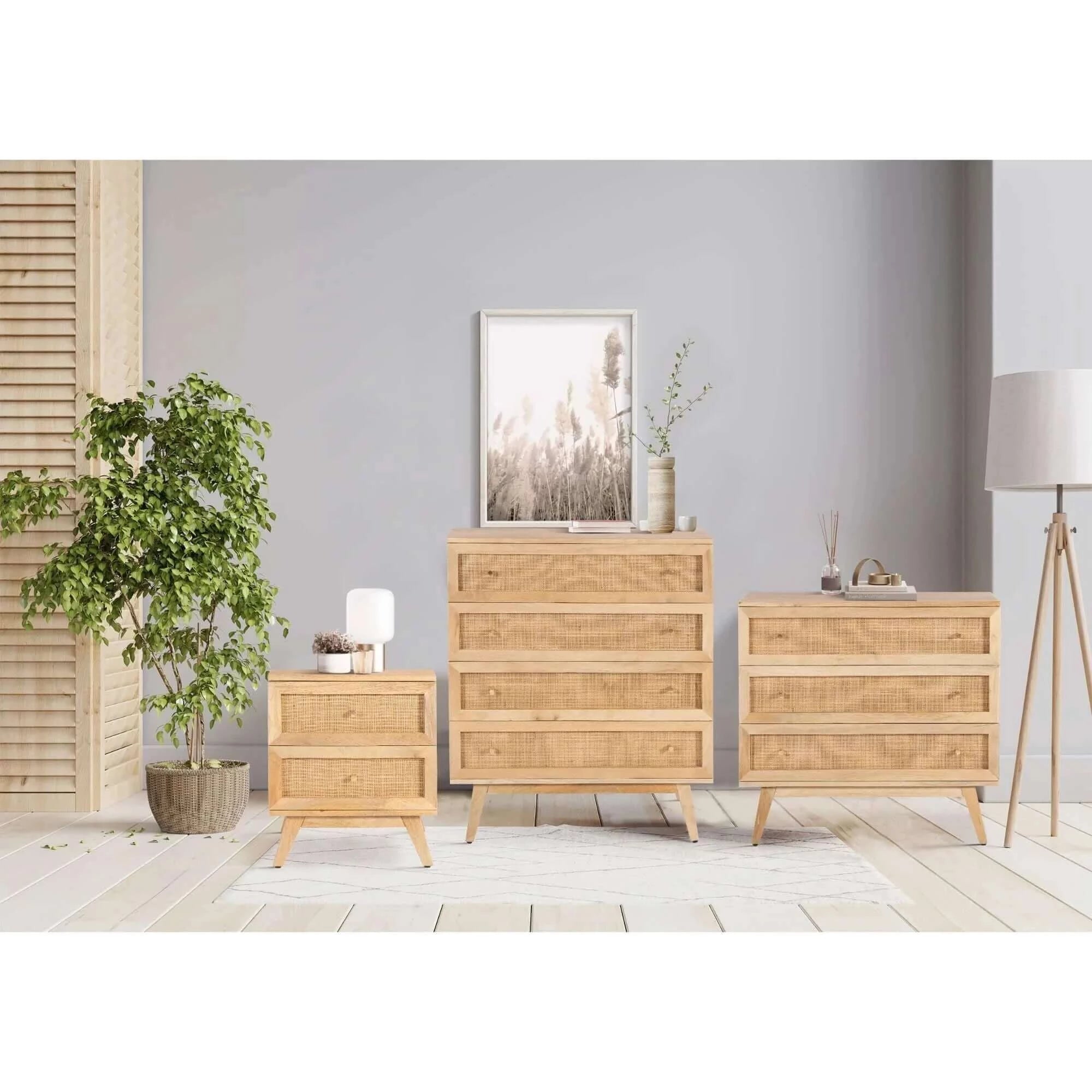Olearia Storage Cabinet Buffet Chest of 3 Drawer Mango Wood Rattan Natural-Upinteriors