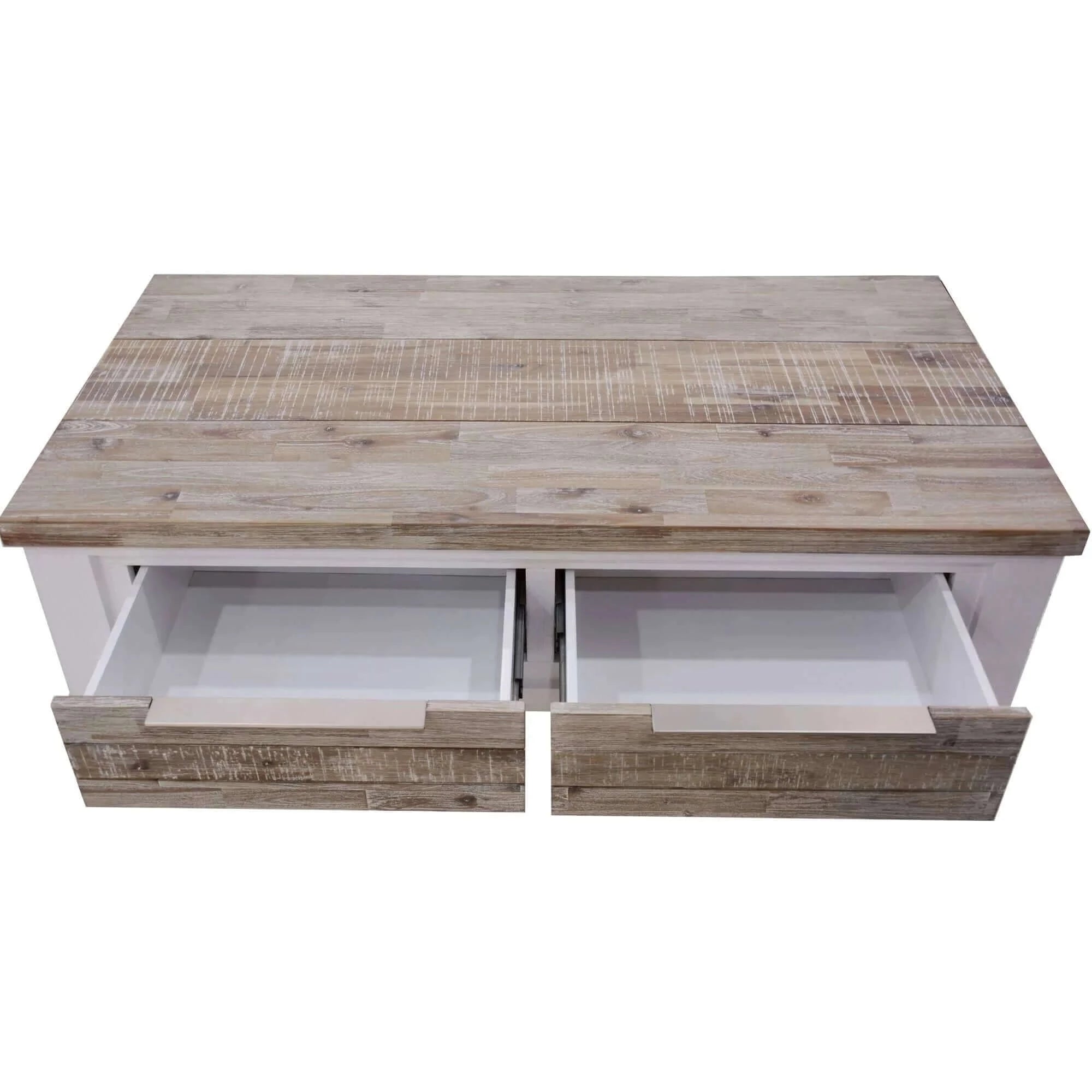 Buy plumeria coffee table 130cm 2 drawer solid acacia timber wood - white brush - upinteriors-Upinteriors