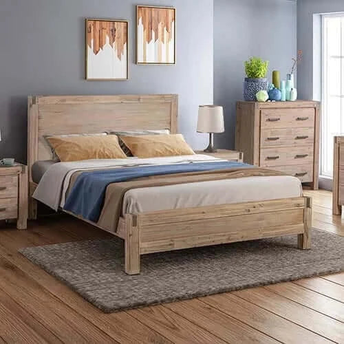 Buy queen size bed frame in solid acacia veneered medium high headboard in oak - upinteriors-Upinteriors