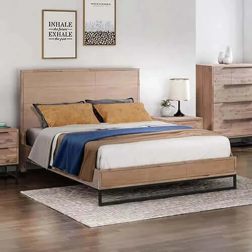 Buy queen size bed frame solid wood acacia veneered bedroom furniture steel legs - upinteriors-Upinteriors