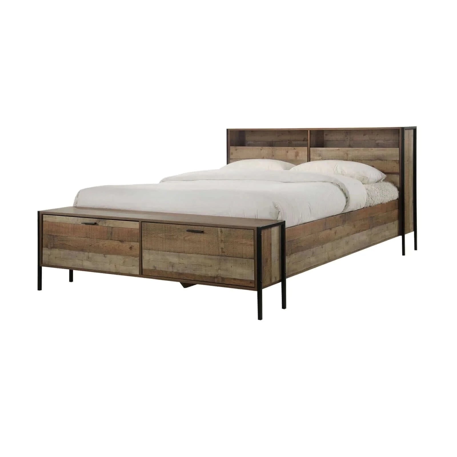 Buy queen size storage bed farme in oak colour with particle board contraction and metal legs - upinteriors-Upinteriors