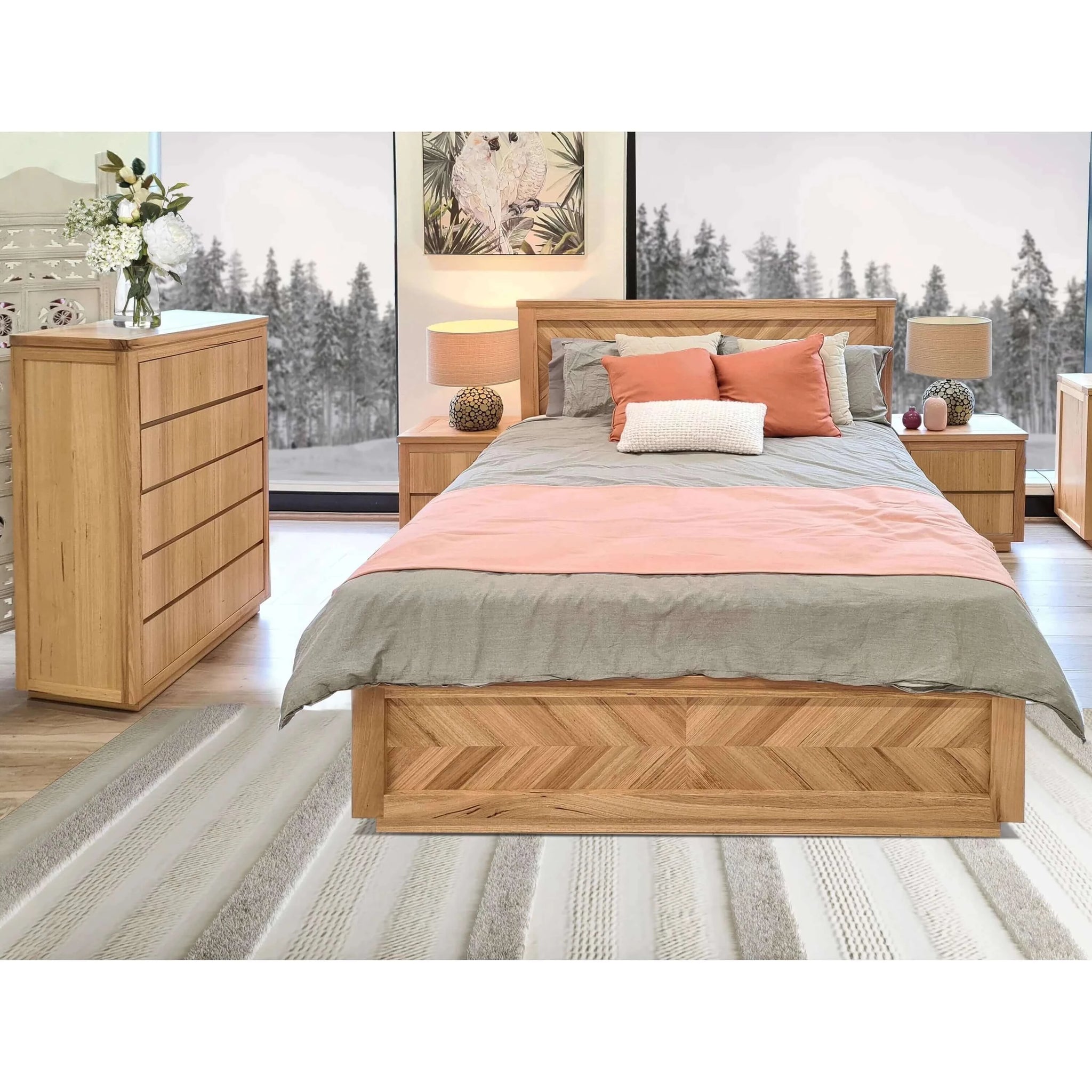 Buy rosemallow 4pc queen bed frame bedroom suite timber bedside tallboy package set - upinteriors-Upinteriors