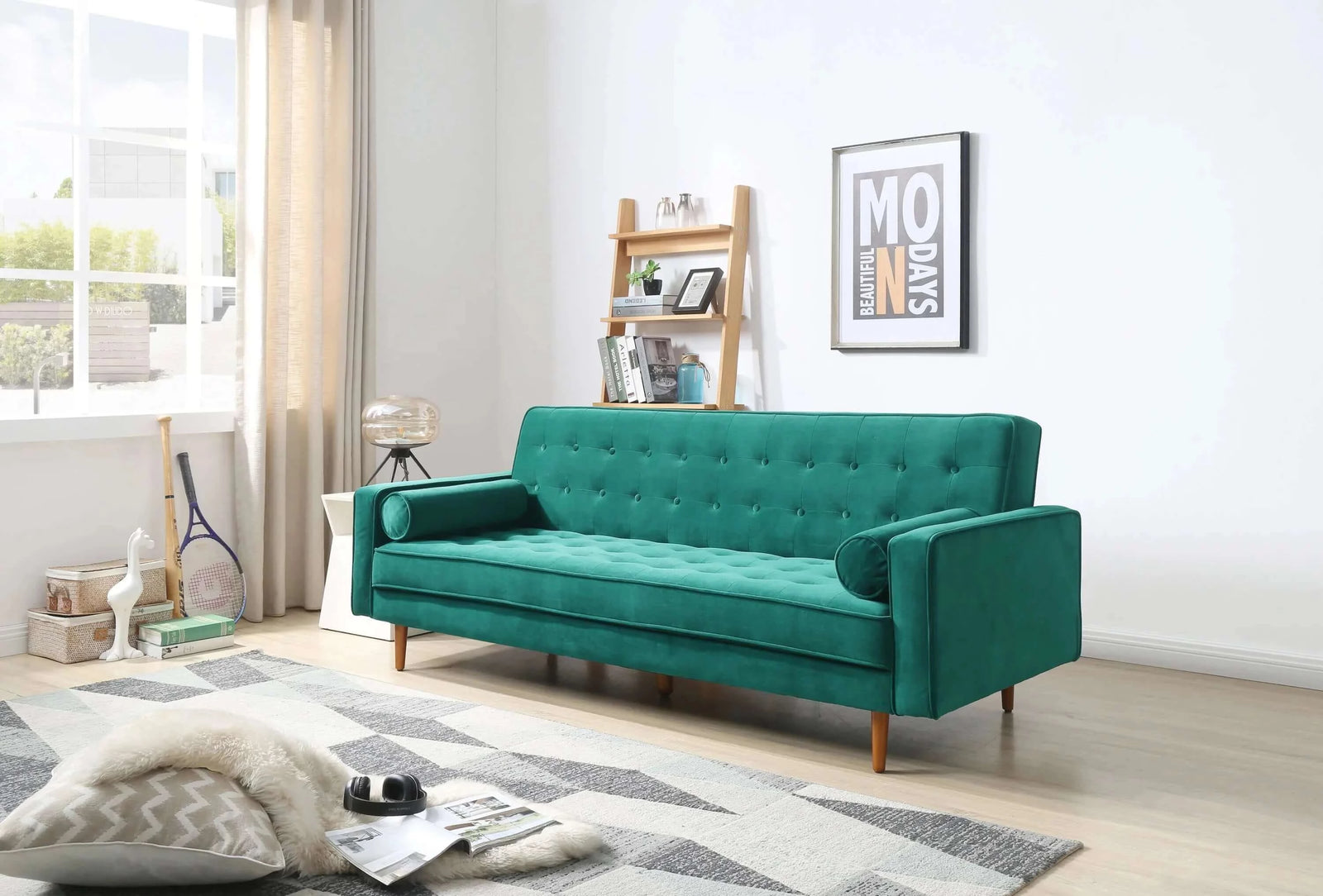 Buy sofa bed 3 seater button tufted lounge set for living room couch in velvet green colour - upinteriors-Upinteriors