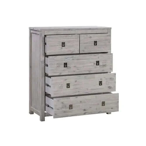Buy tallboy with 5 storage drawers in cloud white ash color with solid acacia wooden frame - upinteriors-Upinteriors
