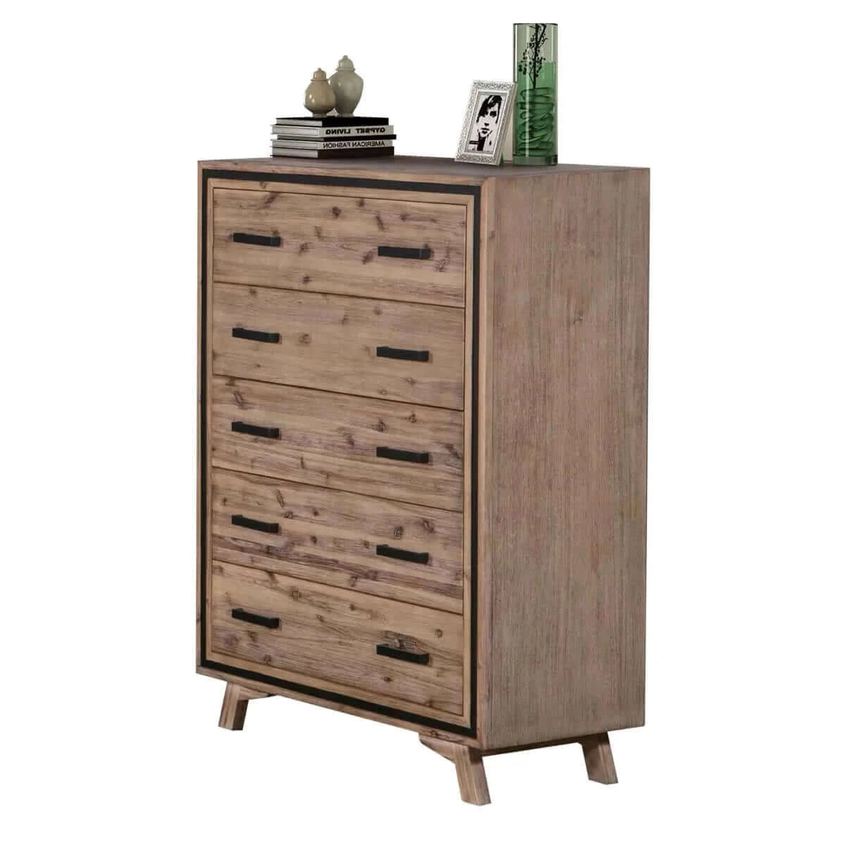 Buy tallboy with 5 storage drawers solid acacia wooden frame in silver brush colour - upinteriors-Upinteriors