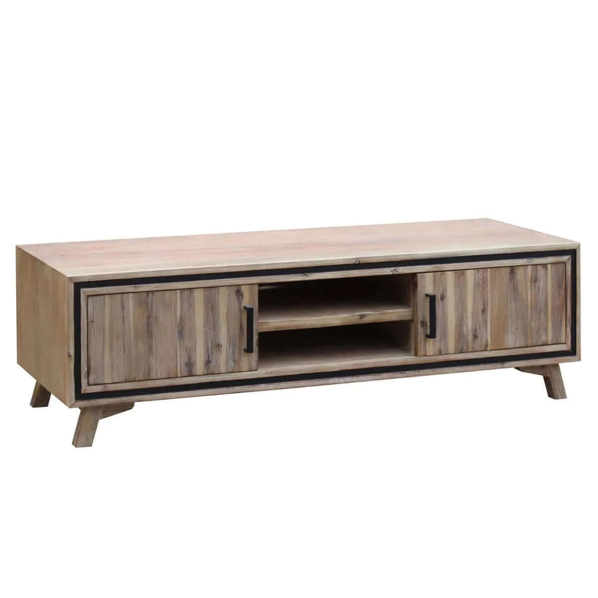 Buy TV Cabinet with 2 Storage Drawers Cabinet Solid Acacia Wooden Entertainment Unit in Sliver -Upinteriors