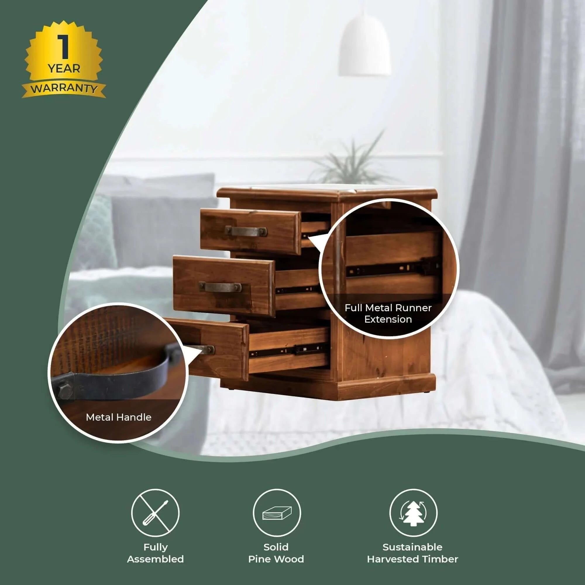Buy umber bedside tables 3 drawers storage cabinet shelf side end table - dark brown - upinteriors-Upinteriors