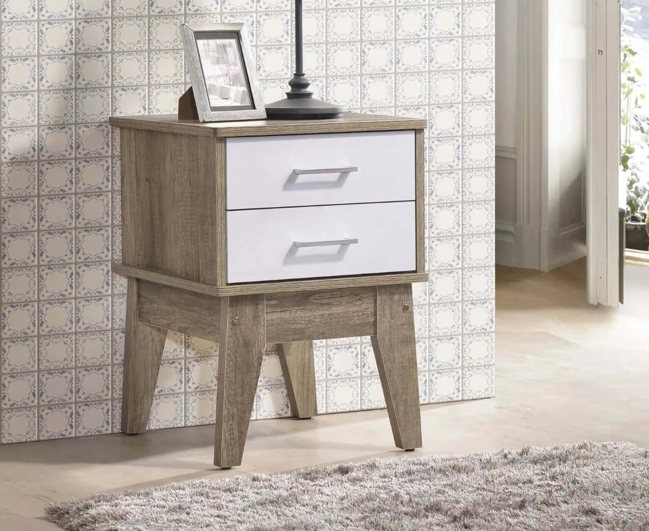 Buy wooden 2 drawers bedside table in light oak finish with white accent - upinteriors-Upinteriors